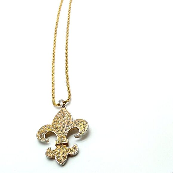 Pave Crystal Fleur de lis Gold-tone & Silver-tone Pendant Rope Chain Necklace - Picture 4 of 11